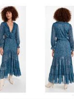 MISA Los Angeles Amelia Cerulean Ditzy Floral Cutout Maxi Dress Blue Gold M